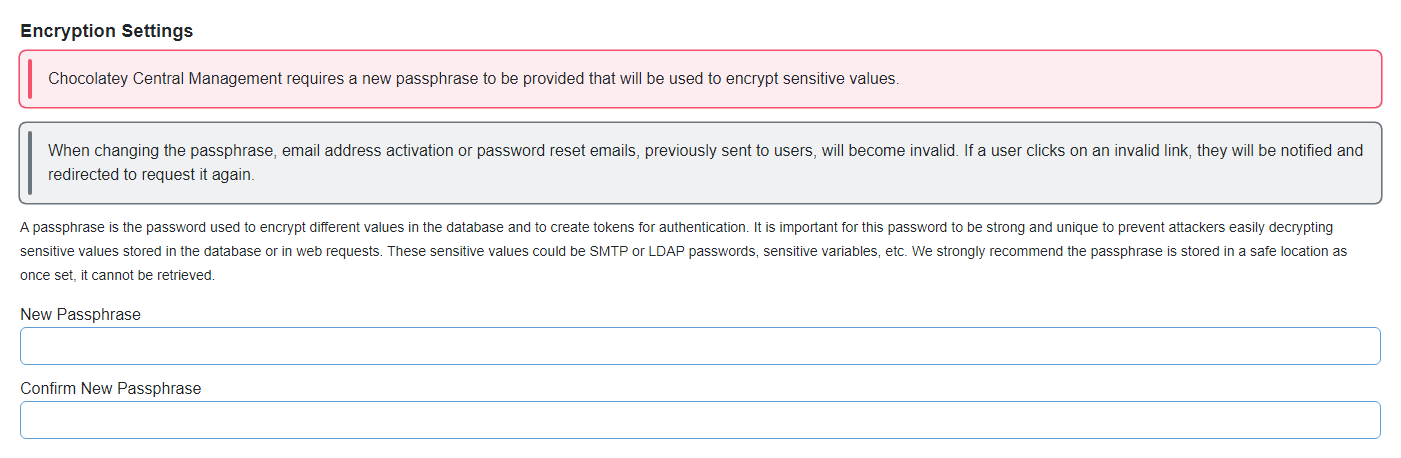 Chocolatey Central Management Settings, encryption passphrase required