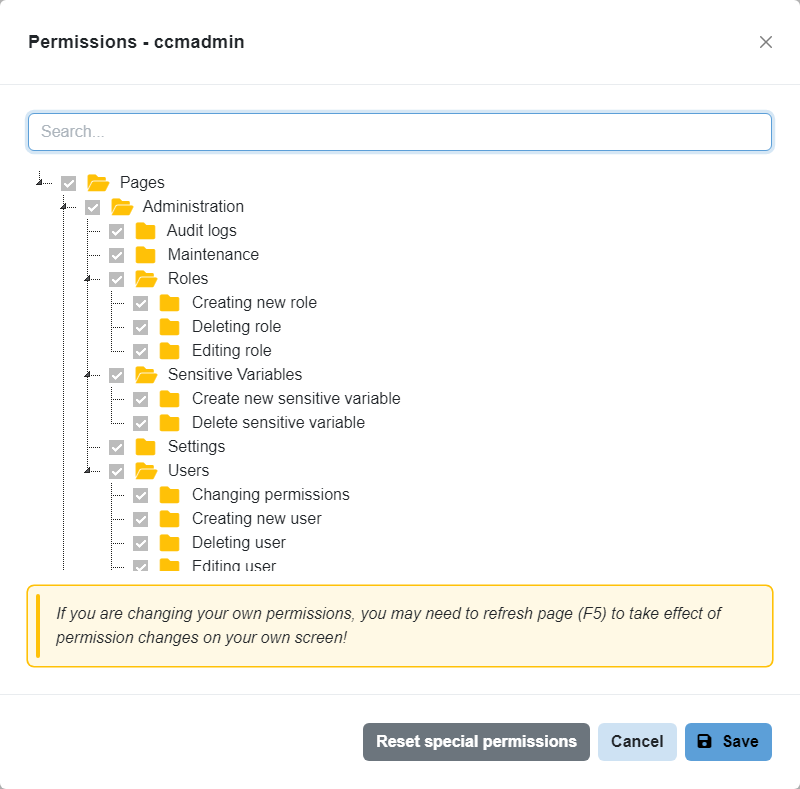 Permissions menu entry in User actions flyout menu