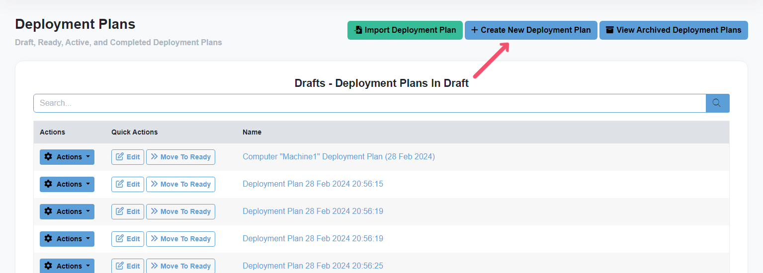 Chocolatey Central Management Deployment Plans page, arrow pointing to Create New Deployment Plan button