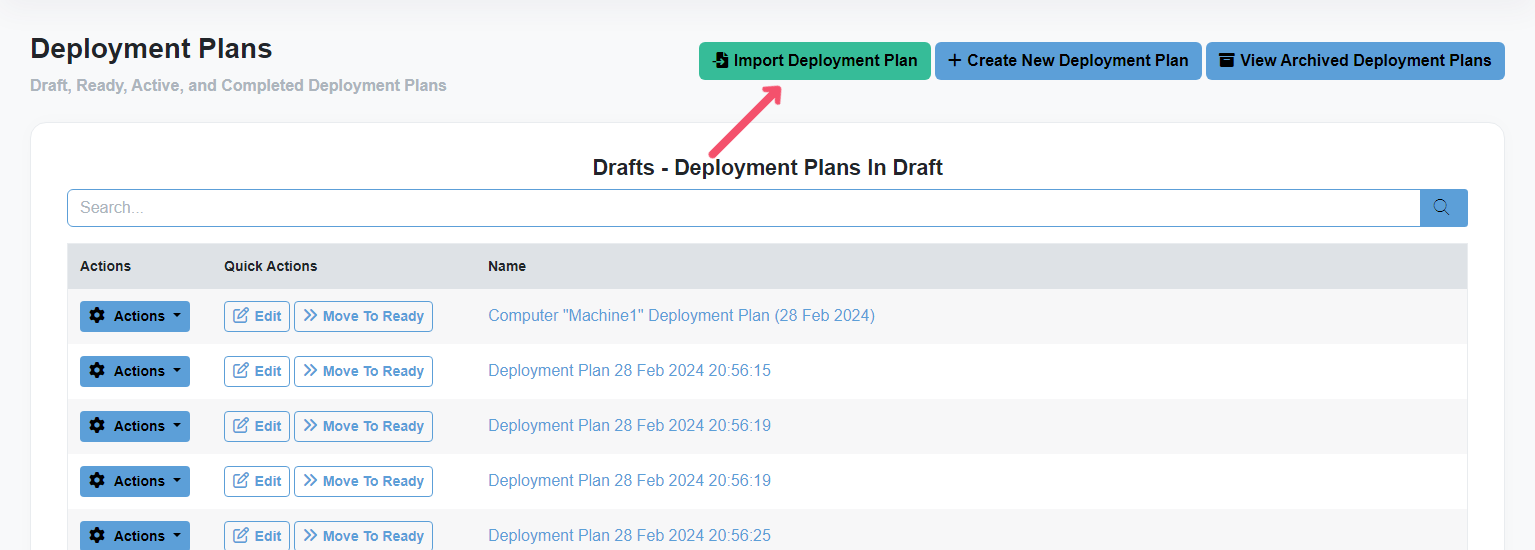 Chocolatey Central Management Deployment Plans page, arrow pointing to Import Deployment Plan button