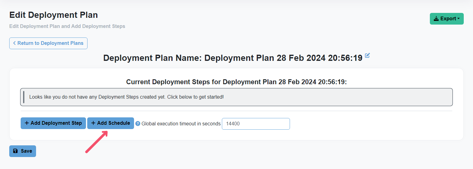 Chocolatey Central Management New Deployment Plan page, arrow pointing to Add Schedule button