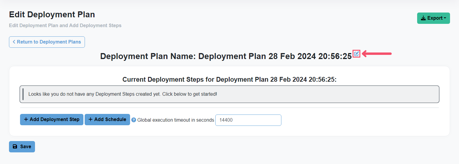 Chocolatey Central Management New Deployment Plan page, arrow pointing to the edit title button