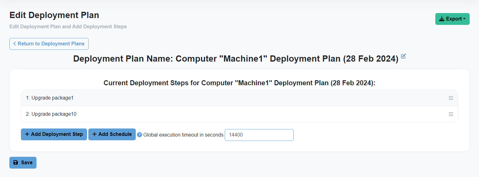 Automatically created Deployment Plan showing Deployment Steps
