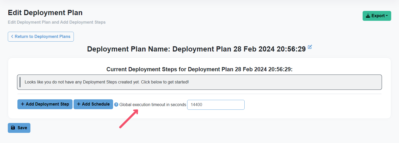 Chocolatey Central Management New Deployment Plan page, arrow pointing to the Deployment Plan execution timeout in seconds setting