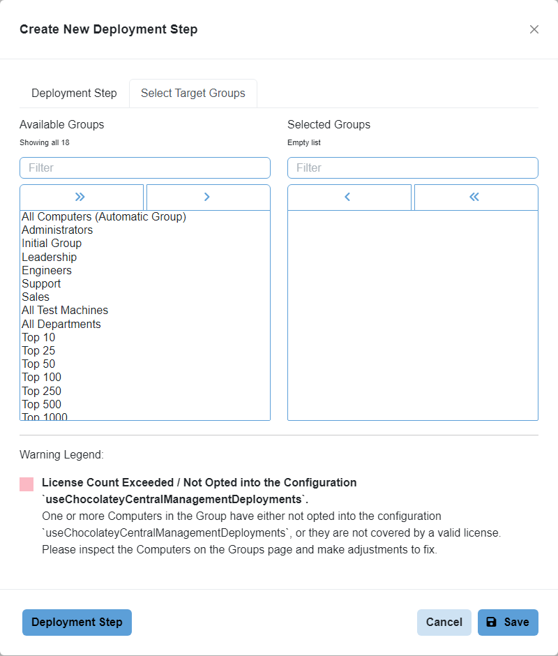 Chocolatey Central Management Deployment Step Select Target Groups modal