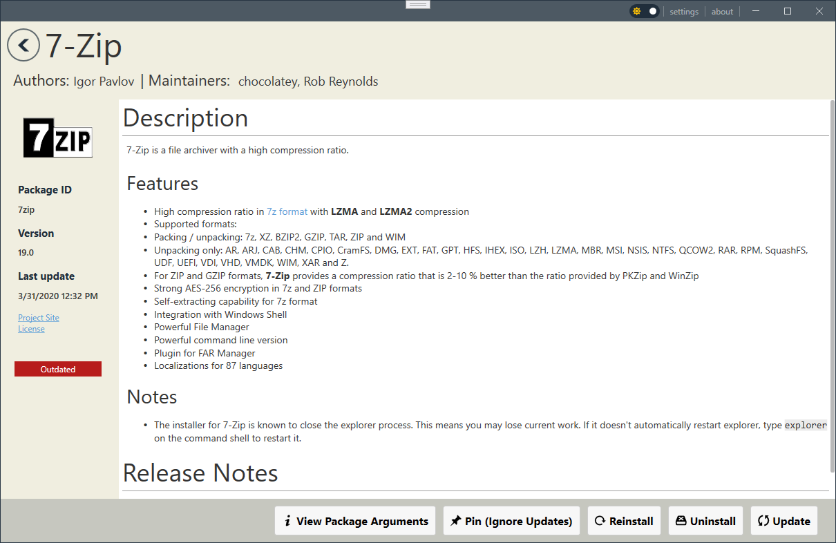 The package details user interface for Chocolatey GUI