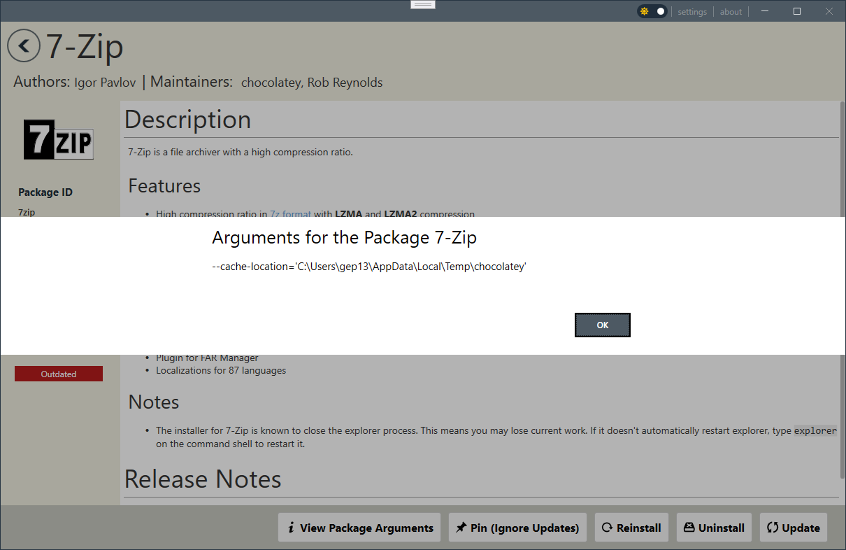 Modal window showing the remembered package arguments for the current package version