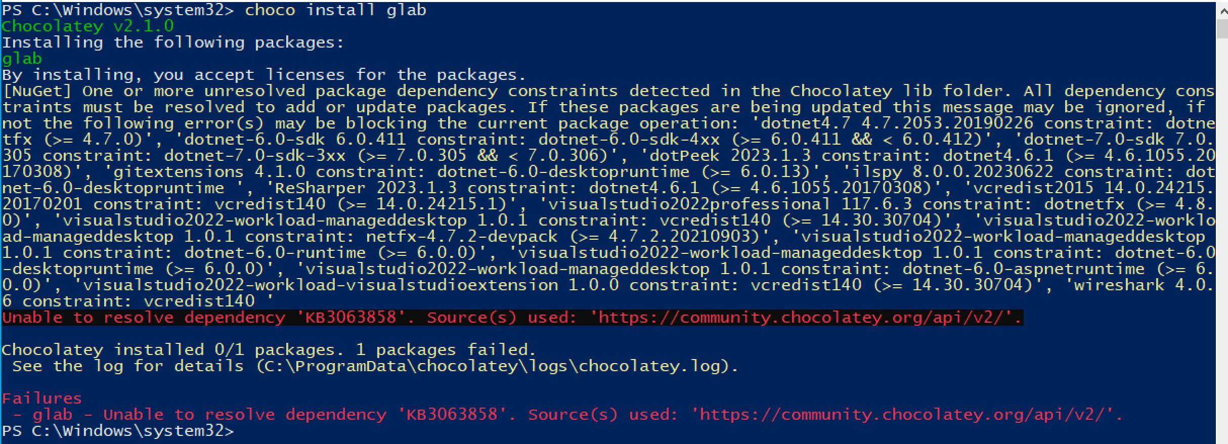 Output from choco install glab where it fails to resolve dependency 'KB306858'