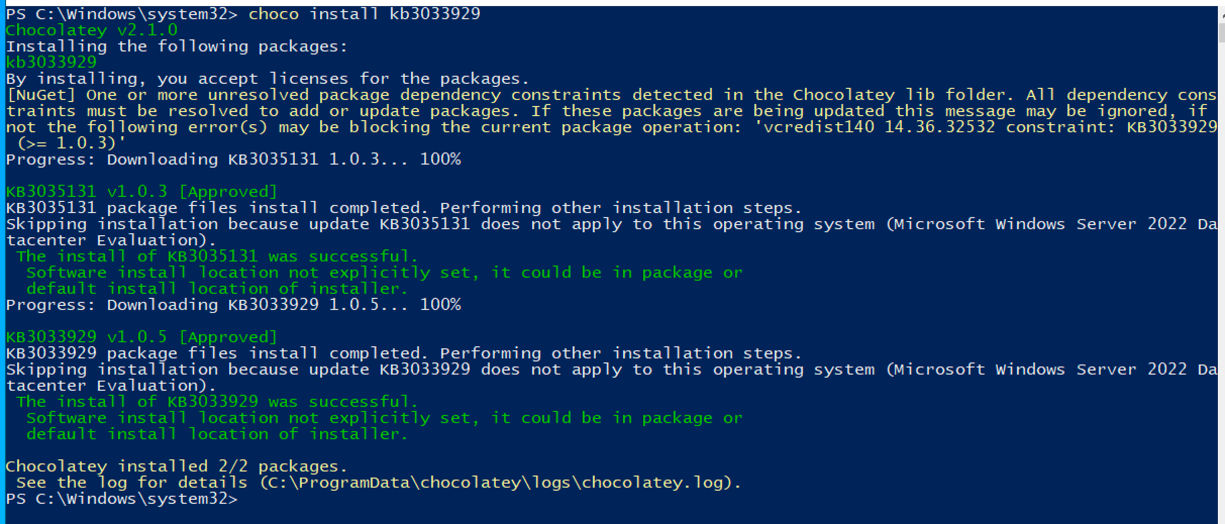 Output from choco install KB3033929 where it installs with no dependency failures