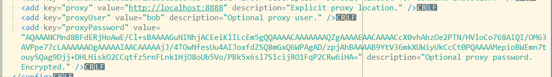 Shows the encrypted proxy configuration information that is stored in the chocolatey.config file