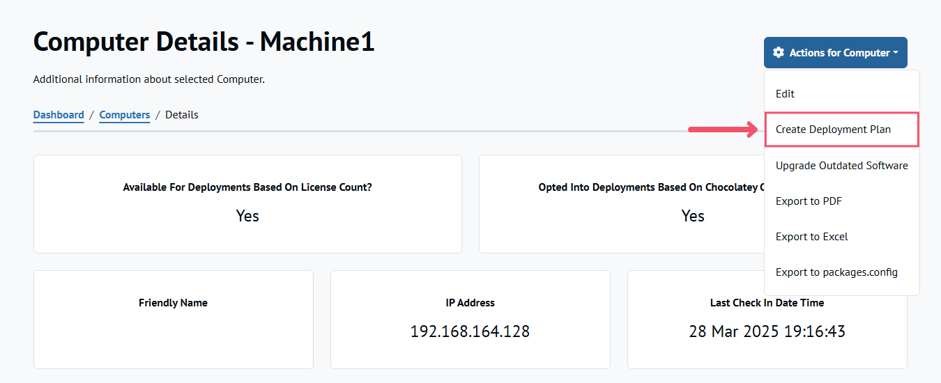 Button to create a new draft Deployment Plan from the Computer Details page