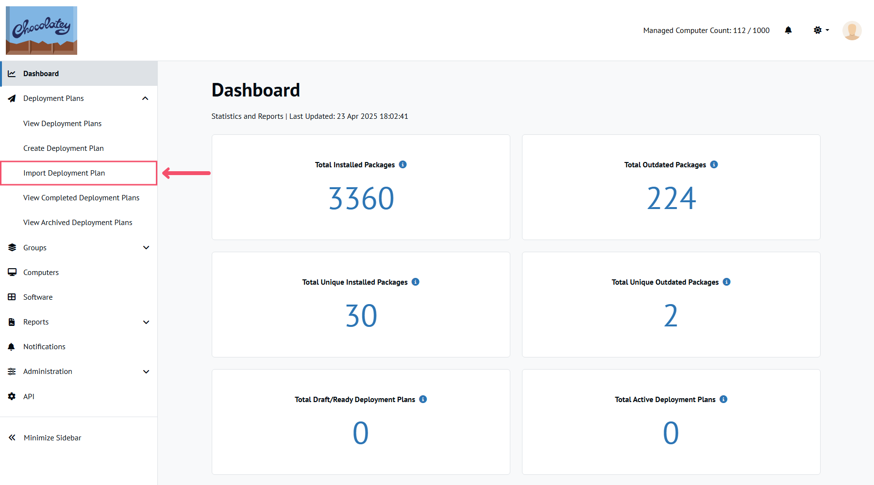 Chocolatey Central Management dashboard, arrow pointing to the Import Deployment Plan menu option in the left sidebar