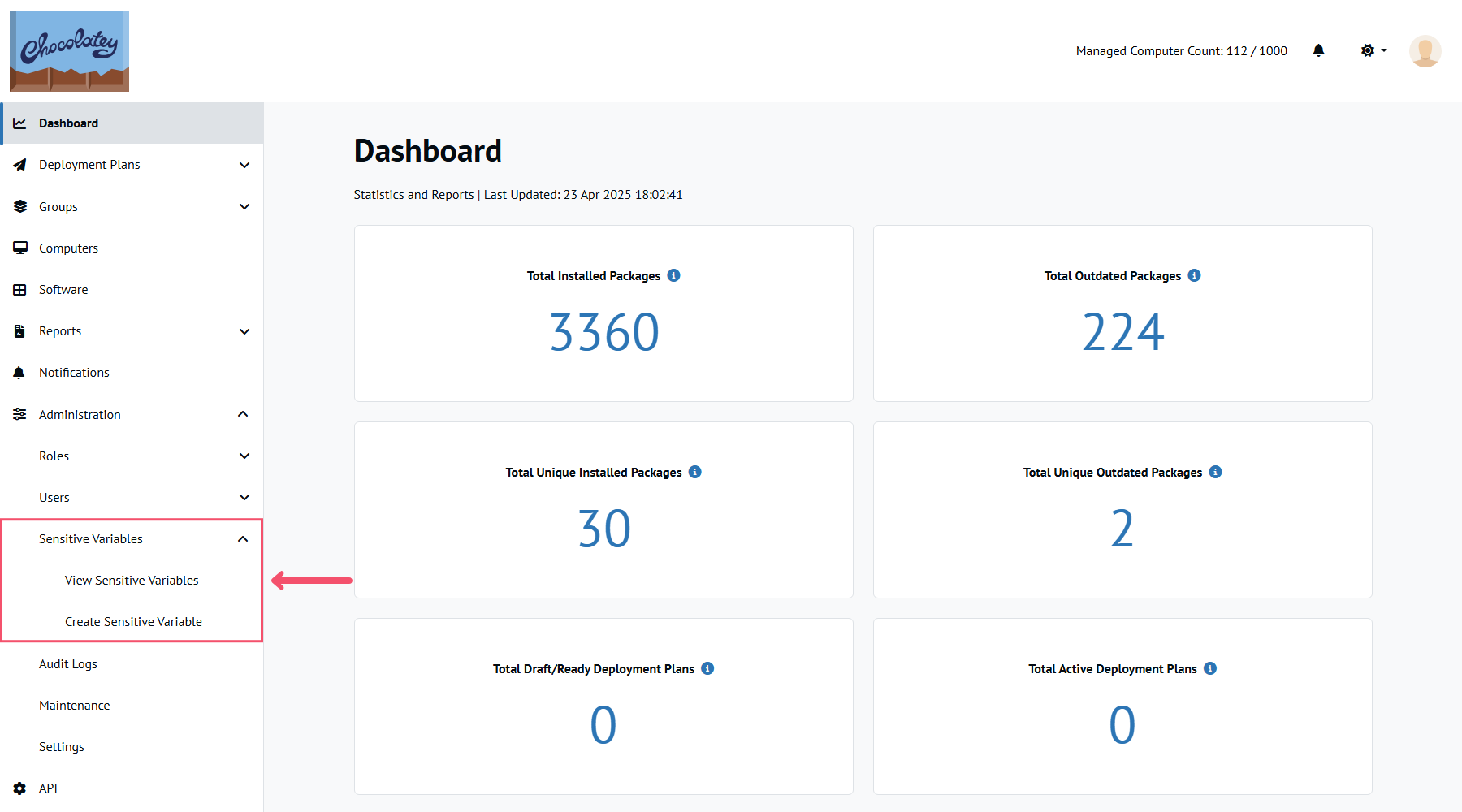 Chocolatey Central Management dashboard, arrow pointing to Sensitive Variables menu in the left sidebar entry.