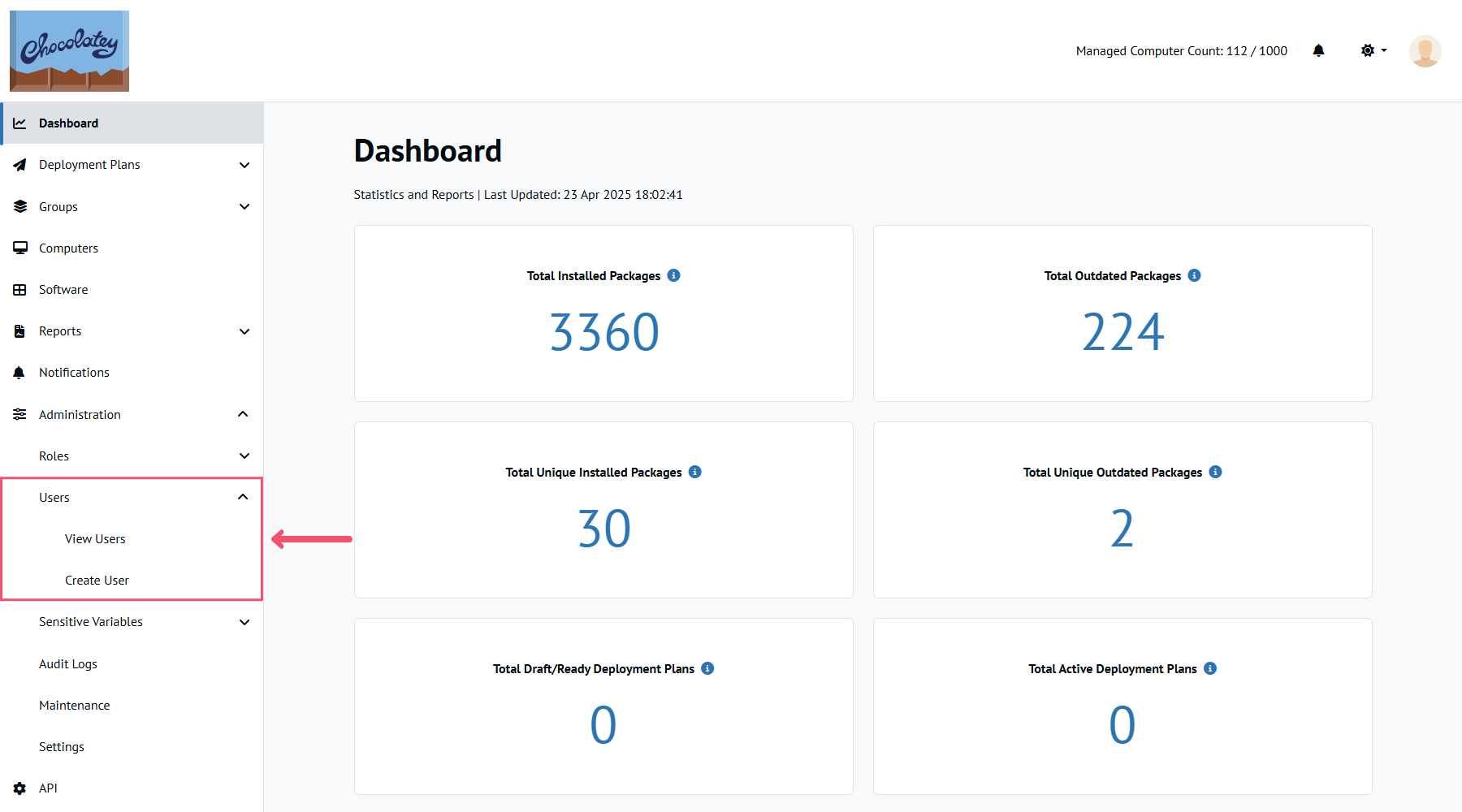 Users menu entry on the Chocolatey Central Management Dashboard