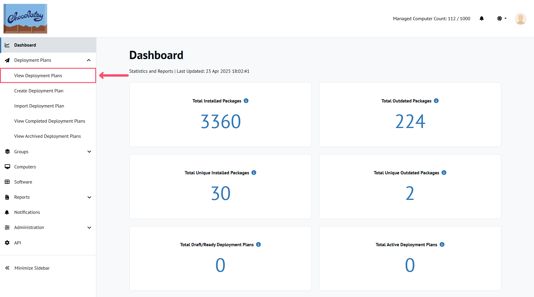Chocolatey Central Management dashboard, arrow pointing to the View Deployment Plans menu option in the left sidebar