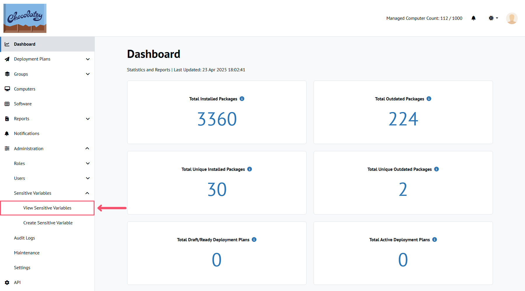 Central Management dashboard, arrow pointing to View Sensitive Variables menu option in the left sidebar entry.