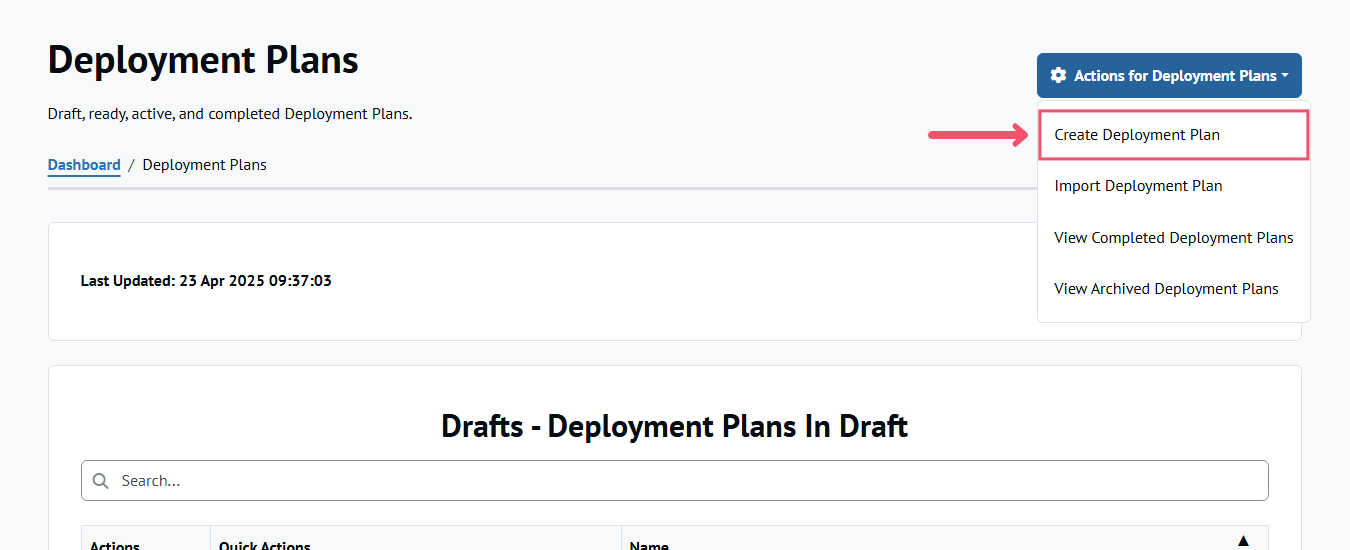 Chocolatey Central Management Deployment Plans page, arrow pointing to Create Deployment Plan button