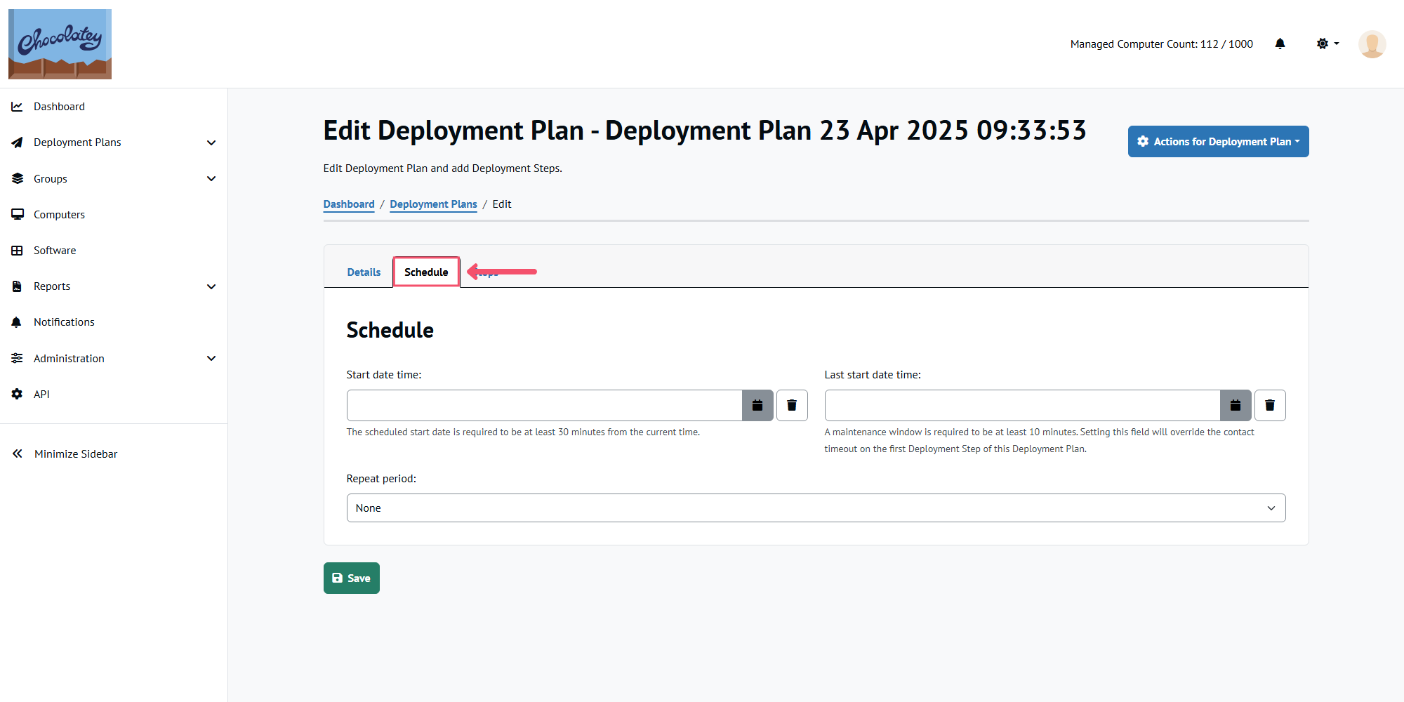 Chocolatey Central Management New Deployment Plan page, arrow pointing to Schedule tab