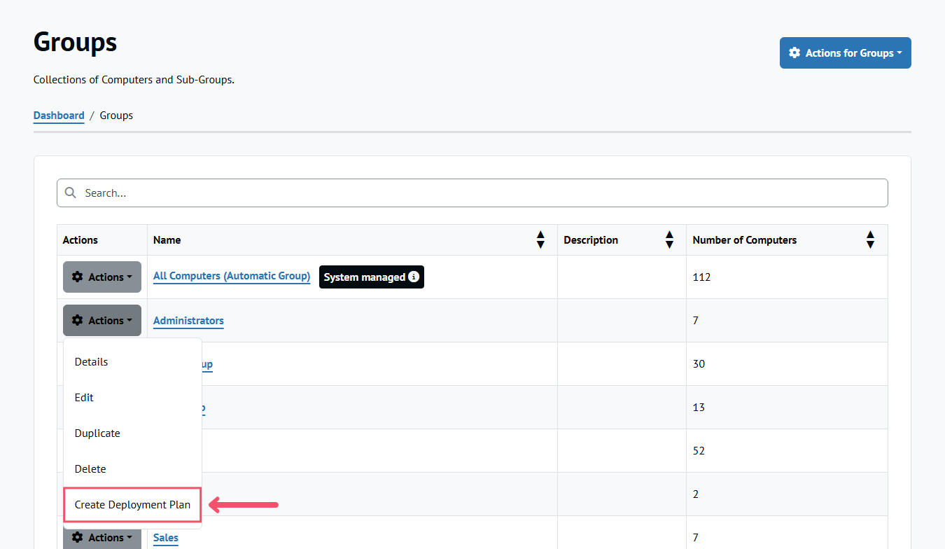Finding the Create Deployment Plan menu entry for a specific Group on the Groups page