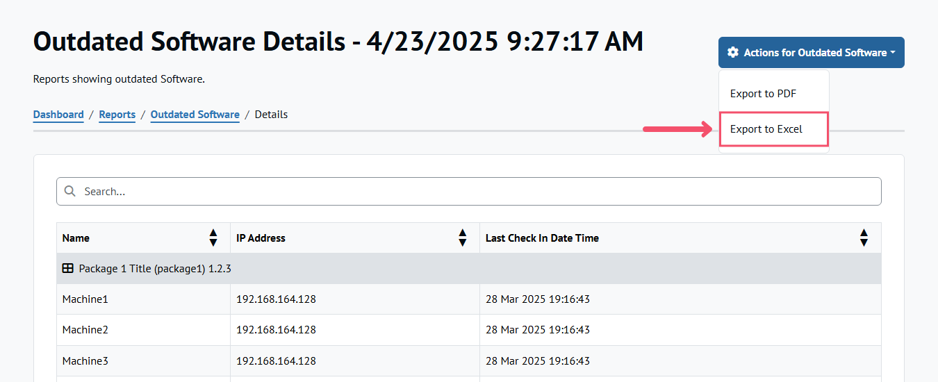 Outdated Software Details view, showing the Export to Excel menu option