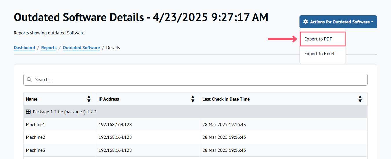 Outdated Software Details view, showing the Export to PDF menu option