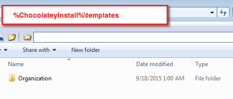 Windows Explorer showing the installation location for a new template with the name of Organization