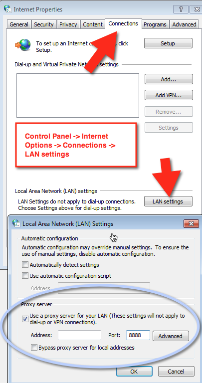 Two screenshots showing the Internet Explorer settings for System Level Proxy configuration
