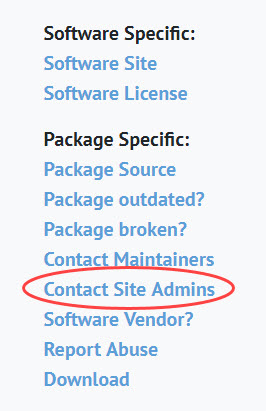Contact Site Admins link on the Chocolatey Community Repository package page